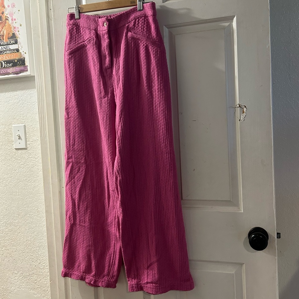 Free People Wide Leg Textured Pants in Bright Pink